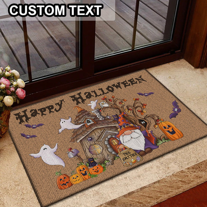 Personalized Welcome Doormat Happy Halloween Cute Gnome With Pumpkin Ghost & Bat Printed Custom Family Name