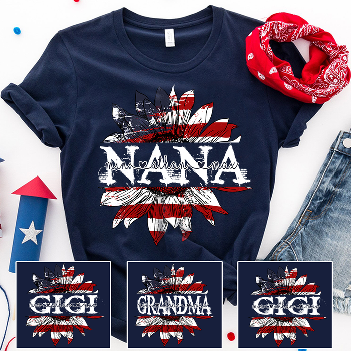 Personalized T-Shirt For Grandma Nana Sunflower American Flag Printed Monogram Design Custom Grandkids Name