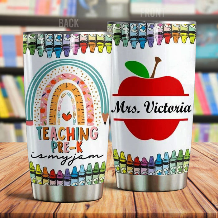 Personalized Tumbler Gifts For Teacher Teaching Pre K Is My Jam Rainbow Apple 20oz Cup Custom Name For Back To School