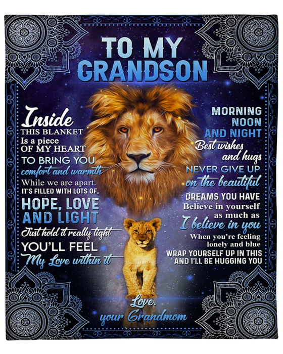 Personalized To My Grandson Blanket From Grandma Inside This Blanket Is A Piece Of My Heart Old Lion & Baby Lion Printed