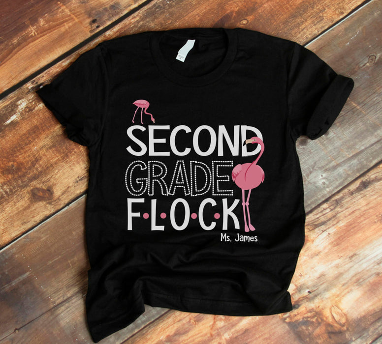 Personalized T-Shirt For Teacher Second Grade Flock Pink Flamingo Printed Custom Name Back To School Outfit