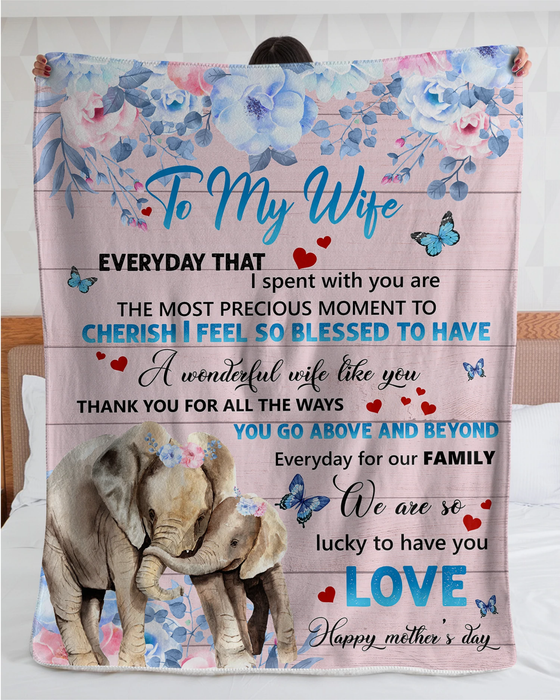 Personalized Fleece Blanket To My Wife Happy Mother'S Day Rustic Floral & Elephants Printed Blanket Custom Name