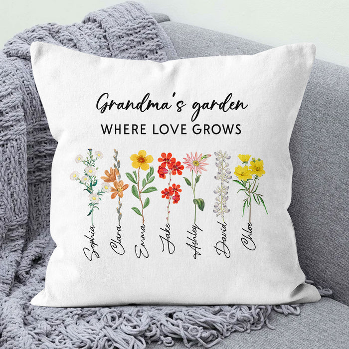 Personalized Square Pillow Gifts For Nana Grandma's Garden Where Love Grows Flowers Custom Grandkids Name On Mothers Day
