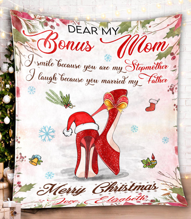 Personalized To My Step Up Mom Blanket I Smile Because You Are High Heel Snowflakes Custom Name Gifts For Stepfamily Day