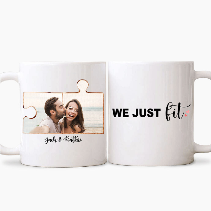 Personalized Coffee Mug Gifts For Couple Him Her Puzzle We Just Fit Custom Name & Photo White Cup For Valentine