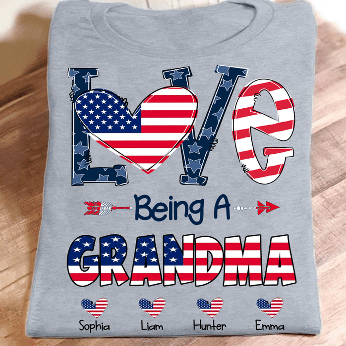 Personalized T-Shirt For Grandma Love Being Heart Print USA Flag Design Custom Grandkids Name 4th July Day Shirt