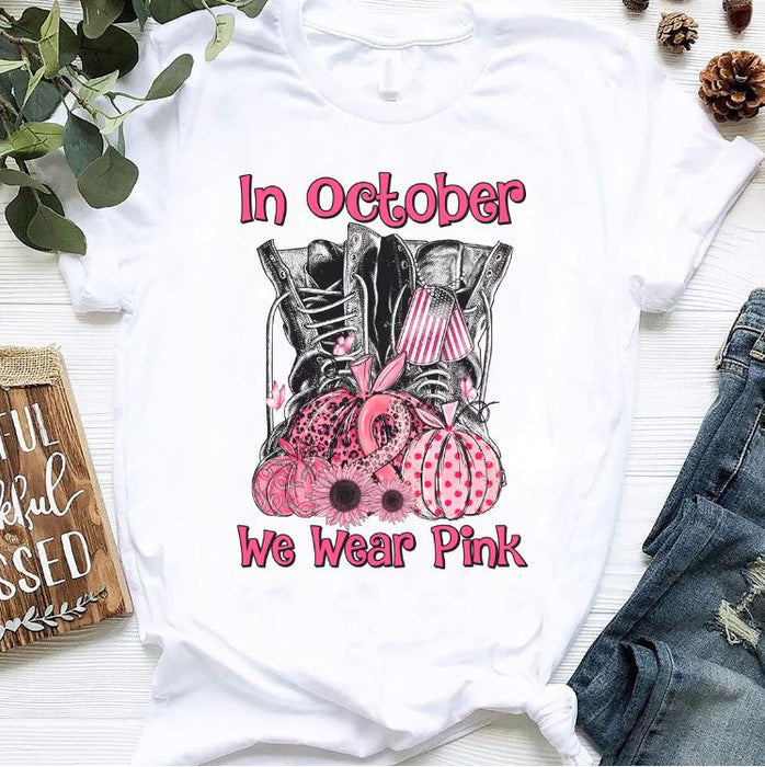 Classic Unisex T-Shirt For Breast Cancer Awareness In October We Wear Pink Military Boot With Dog Tag & Pumpkin Printed