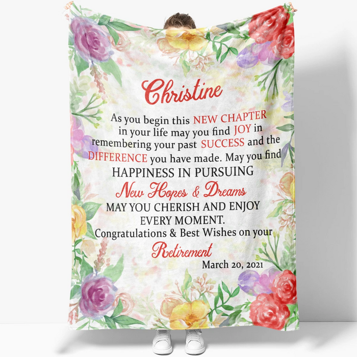 Personalized Retirement Fleece Blanket As You Begin A New Chapter In Your Life Colorful Flower Printed Custom Name Date