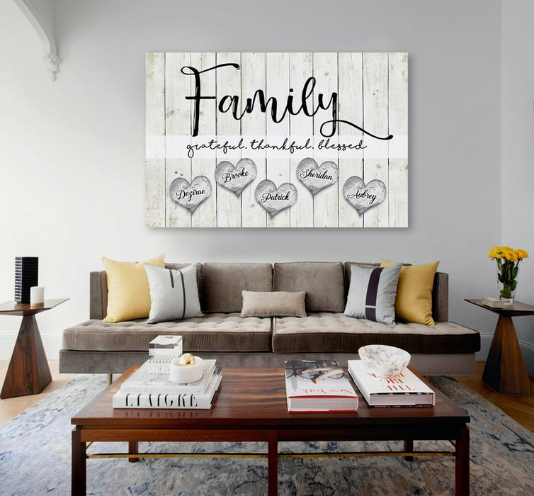 Personalized Multi Family Name Wood Canvas Poster Grateful Thankful Blessed Custom Multi Names Premium