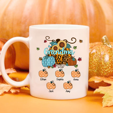 Personalized Ceramic Coffee Mug For Grandma Halloween Pumpkins Print Custom Grandkids Name 11 15oz Mother's Day Cup