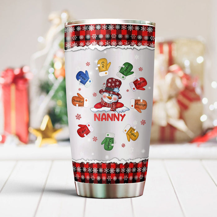 Personalized Tumbler Gifts For Grandma From Grandkids Red Plaid Snowman Snowflake Glove Custom Name For Christmas