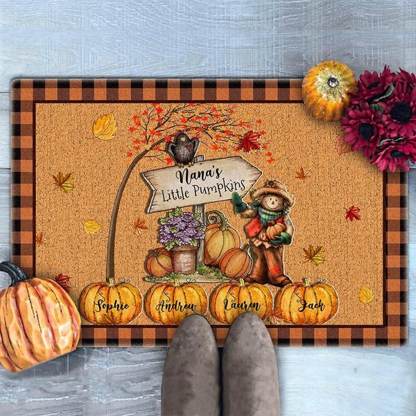 Personalized Welcome Doormat For Grandma Nana's Little Pumpkins Cute Scarecrow With Maple Leaves Custom Grandkid's Name