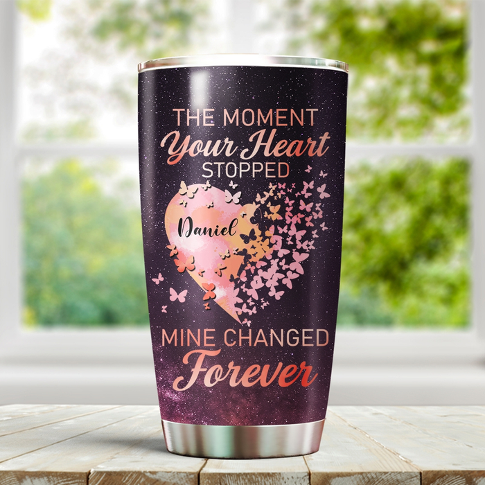 Personalized Memorial Tumbler For Loss Of Loved One Butterflies The Moment Your Heart Stopped Custom Name Travel Cup