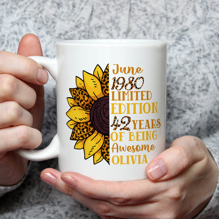 Personalized Happy Birthday Mug Limited Edition Sunflower Print Leopard Design Custom Month & Year 11 15oz Cup
