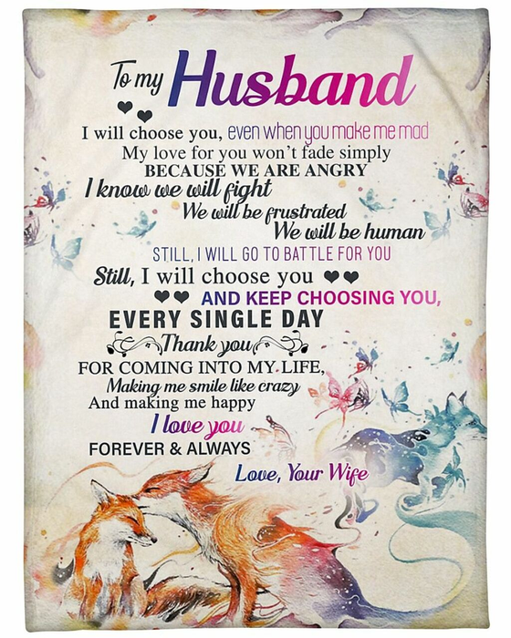 Personalized Rustic Blanket To My Husband I Will Choose You Prints Fox Couple & Butterfly Custom Name Valentine Blankets