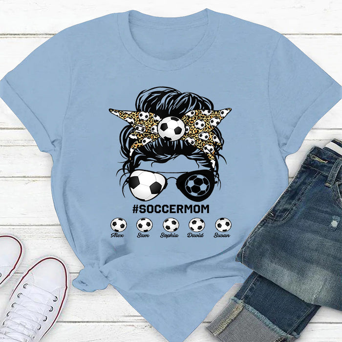Personalized T-Shirt For Mommy From Son Daughter Messy Bun Hair Soccer Mom Custom Name Gifts For Birthday Mothers Day