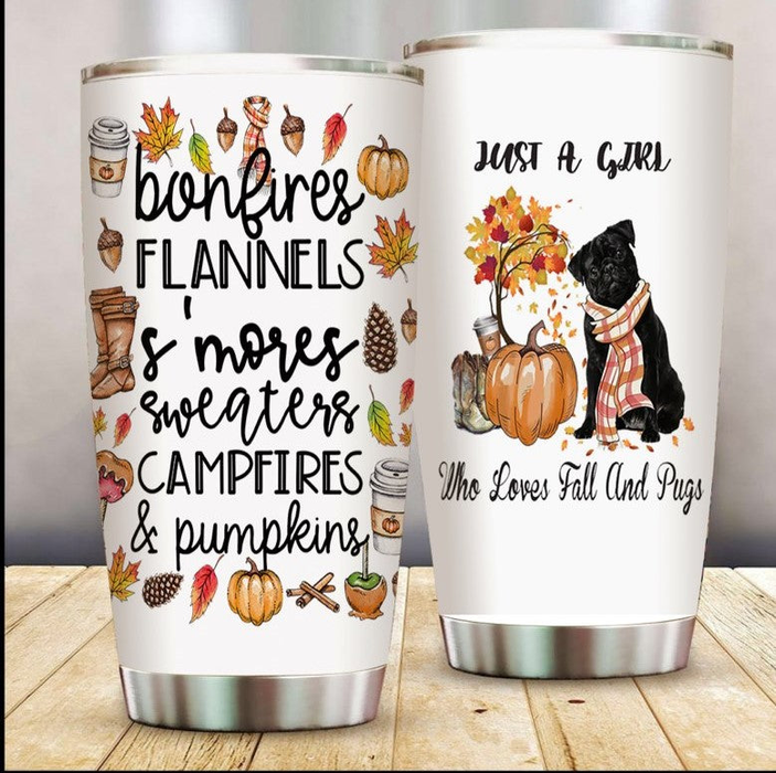 Personalized Tumbler For Pet Lover Bonfires Flannel Who Love Fall And Pugs Travel Cup Gifts Custom Name For Thanksgiving