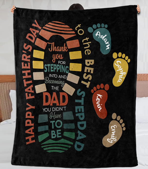 Personalized To The Best Stepdad Blanket Happy Father'S Day Vintage Footprints Printed Custom Kids Name