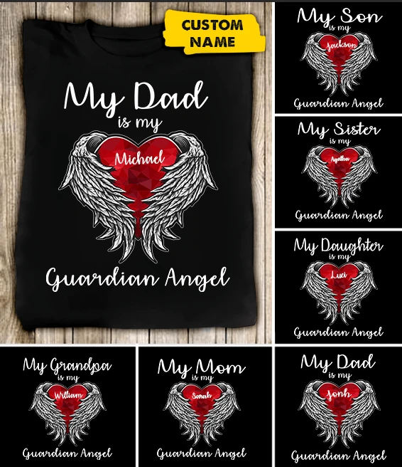 Personalized Memorial T-Shirt My Dad Is My Guardian Angel Heart With Wings Red Sapphire Design Custom Name & Title
