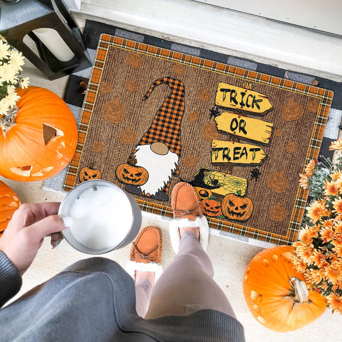 Welcome Doormat Trick Or Treat Cute Gnome With Pumpkin Lantern Printed Plaid Design Happy Halloween Doormat