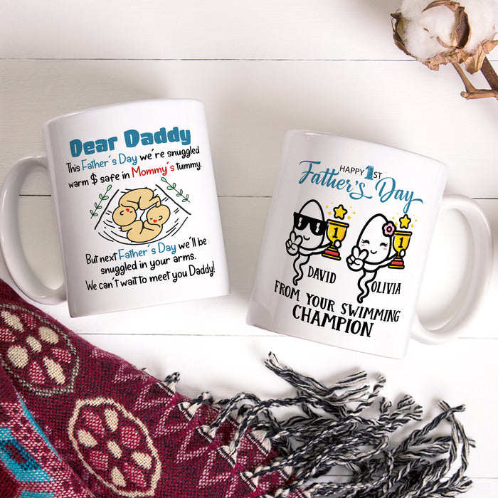 Personalized White Ceramic Coffee Mug For New Dad Funny Twins Baby Bump & Sperm Print Custom Kids Name 11 15oz Cup