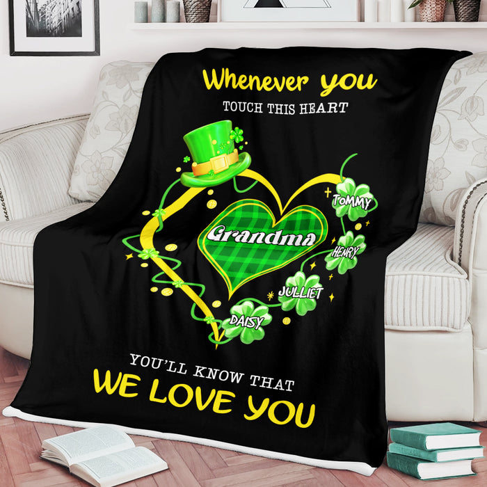 Personalized Blanket For Grandma For Patricks Day Heart With 4 Leaf Clover Custom Title & Grandkids Name