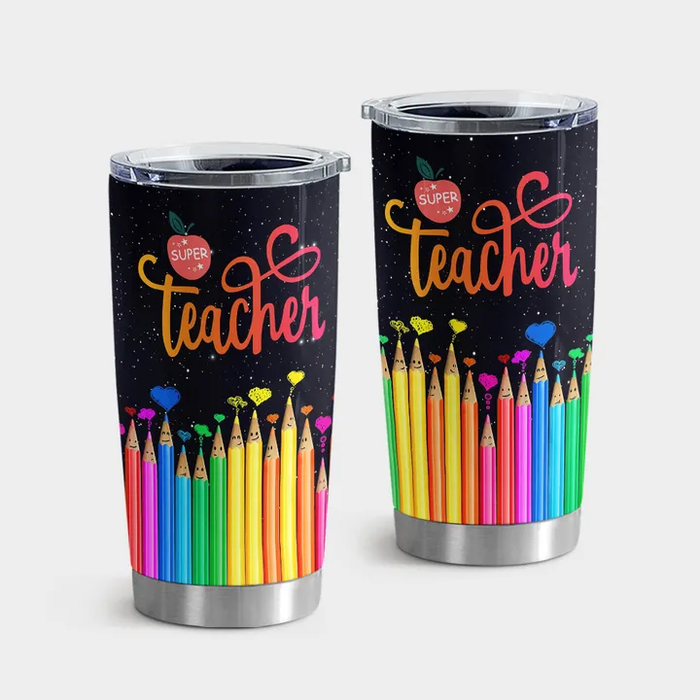 Personalized Travel Tumbler For Teacher 20oz Cup Custom Title Funny Colorful Crayons Super Apple Back To School Gifts