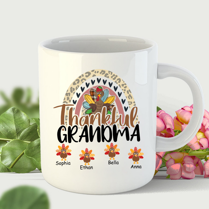 Personalized Coffee Mug Gifts For Grandma Leopard Rainbow Turkey Thankful Custom Grandkids Name Thanksgiving White Cup
