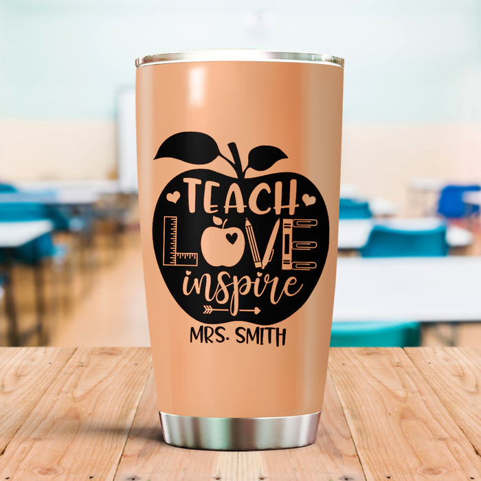 Personalized Tumbler For Teacher Teach Love Inspire Apple Orange Theme 20oz Travel Cup Custom Name Back To School Gifts