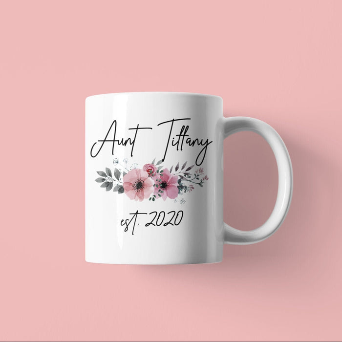 Personalized Coffee Mug For Auntie From Niece Nephew Pink Florals Funny Cute Custom Name Gifts For Christmas