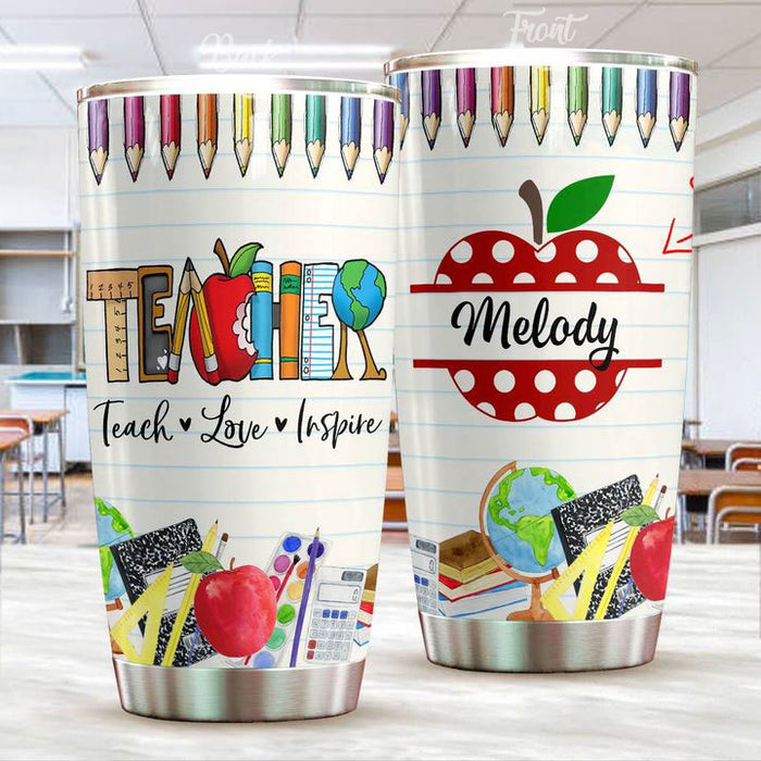 Personalized Tumbler Gifts For Teacher Teach Love Inspire Crayons Apple 20oz Travel Cup Custom Name For Back To School