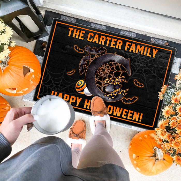 Personalized Welcome Doormat Happy Halloween Polka Dot Pumpkin With Bat & Spiderweb Printed Custom Family Name
