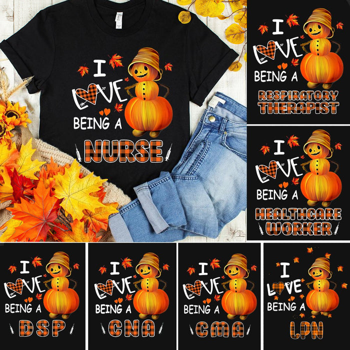 Personalized T-Shirt For Nurse I Love Being A Nurse Cute Scarecrow With Maple Leaves Printed Plaid Design Custom Title