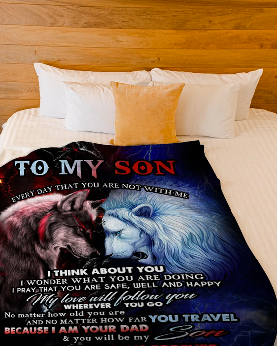 Personalized Premium Fleece Blanket To My Son From Dad Wolf & Lion Face To Face Throw Blanket Customized Name