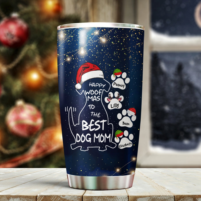 Personalized Tumbler For Dog Owner Happy Woof Mas To Mom Holly Branch Custom Name Travel Cup Gifts For Christmas