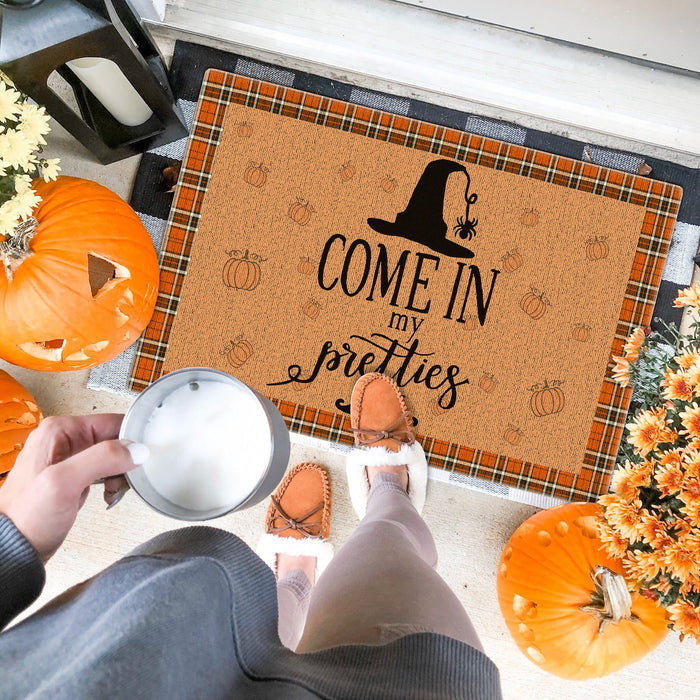 Welcome Doormat Come In My Pretties Witch Welcome Doormat Witch Hat & Pumpkin Printed Plaid Design Happy Halloween Mat