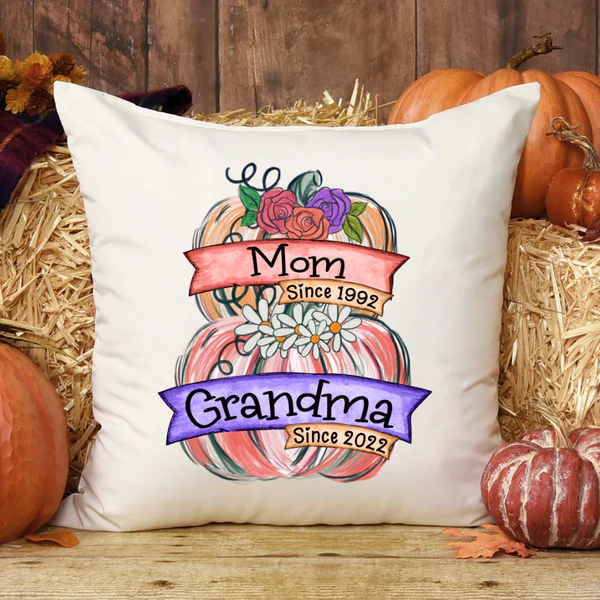 Personalized Square Pillow For Grandma Mom Grandma Pumpkins Flowers Custom Grandkids Name Sofa Cushion Christmas Gifts