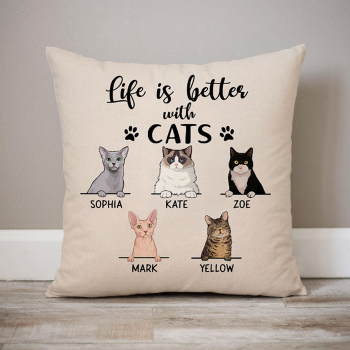 Personalized Square Pillow Gifts For Cat Lovers Life Is Better With Cats Pawprints Custom Name Christmas Sofa Cushion