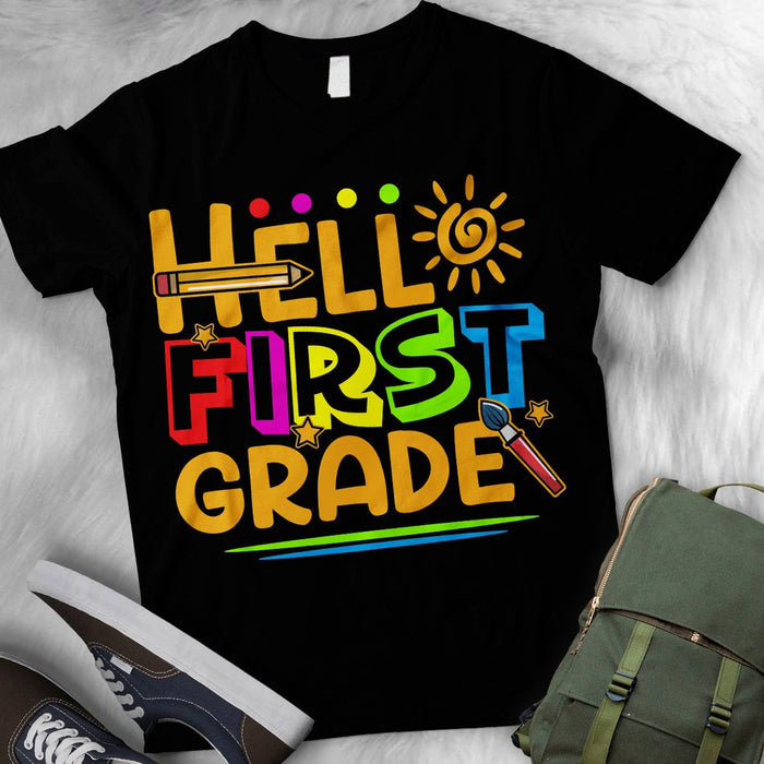 Personalized T-Shirt For Kids Hello First Grade Color Design Back To School Outfit Custom Grade Level Pencil Printed