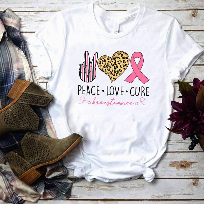 Classic T-Shirt For Breast Cancer Awareness Peace Love Cure Hand Sign Leopard Heart & Pink Ribbon Printed