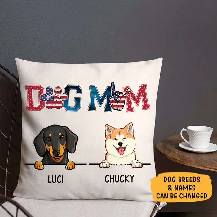 Personalized Square Pillow Gifts For Dog Lover Dog Mom America Flag Custom Name Sofa Cushion For Birthday