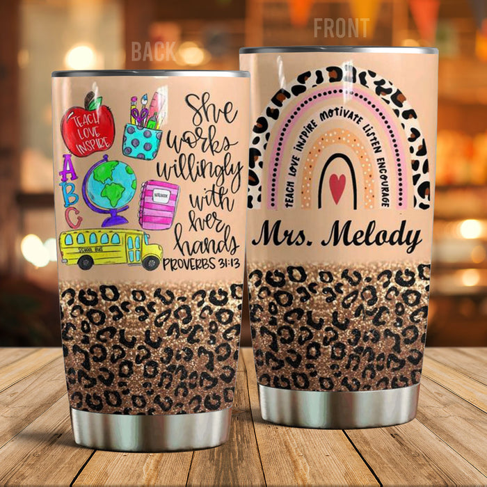Personalized Travel Cup For Teacher Boho Rainbow She Works Willingly 20oz Tumbler Custom Name Back To School Gifts