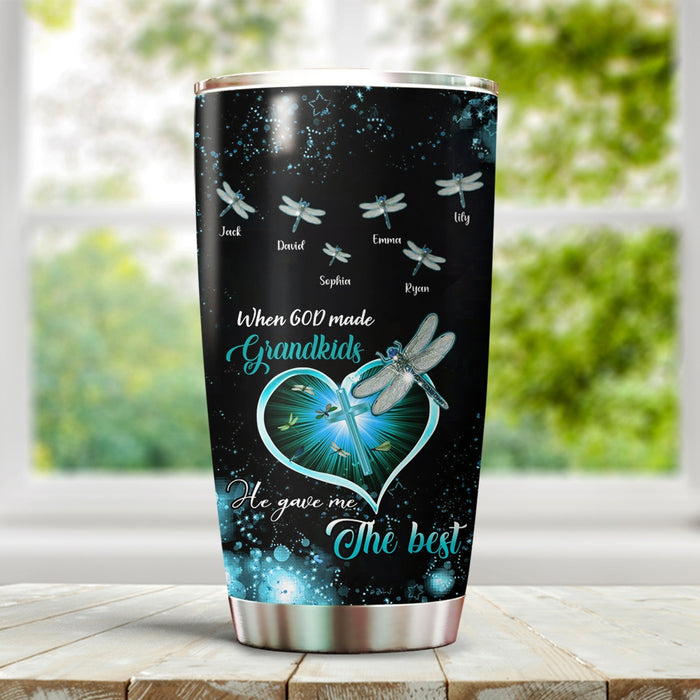 Personalized Tumbler Gifts For Grandma Dragonfly Christ Cross In Heart Custom Grandkids Name Travel Cup For Christmas