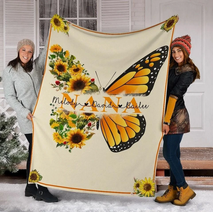 Personalized To My Grandma Fleece Blanket From Kids Butterfly & Sunflower Printed Custom Nickname & Name