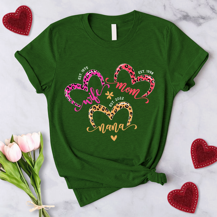 Personalized T-Shirt For Women Wife Mom Nana Est. Year Leopard Design Cute Heart & Flower Printed Custom Year