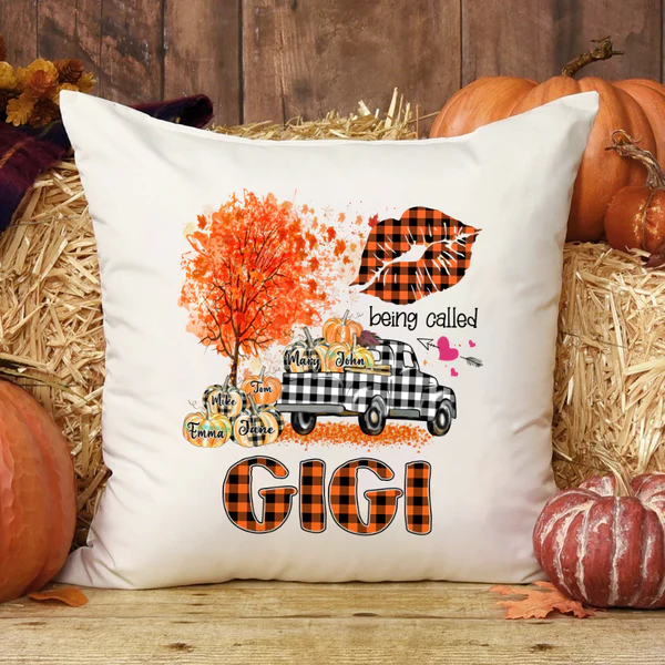 Personalized Square Pillow For Grandma Pumpkins Car Plaid Fall Autumn Custom Grandkids Name Sofa Cushion Christmas Gifts