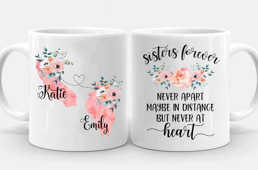 Personalized Coffee Mug For Sisters Maybe In Distance But Never At Heart Custom Name White Cup Long Distance Gifts Ideas