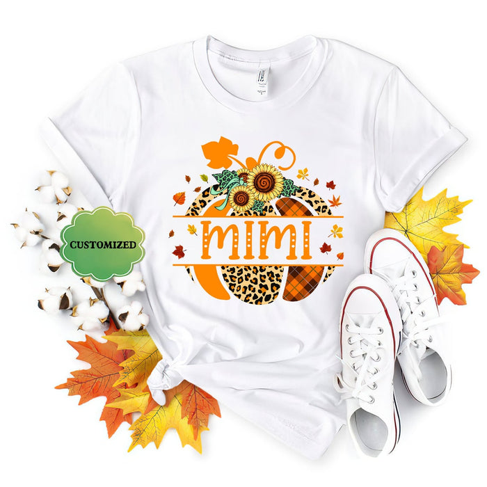 Personalized T-Shirt For Grandma Mimi Pumpkin Shirt Plaid Leopard Design With Sunflower And Leaves Above Fall Shirt