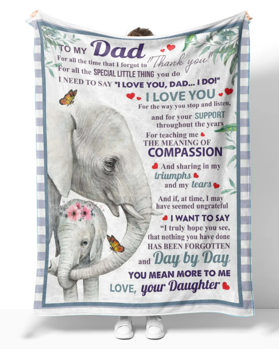 Personalized White Fleece Blanket To My Dad On Fathers Day Funny Elephants Hugged Blanket Custom Name