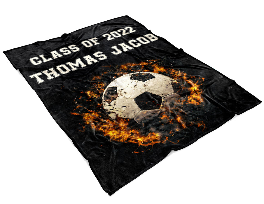 Personalized Graduation Blanket For Soccer Lovers Class Of 2022 Fire Ball Printed Custom Name Senior Graduation